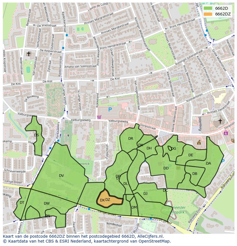 Afbeelding van het postcodegebied 6662 DZ op de kaart.