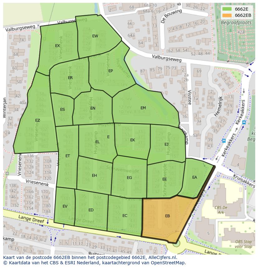 Afbeelding van het postcodegebied 6662 EB op de kaart.
