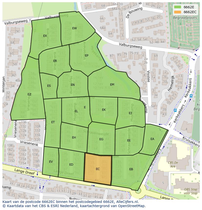 Afbeelding van het postcodegebied 6662 EC op de kaart.
