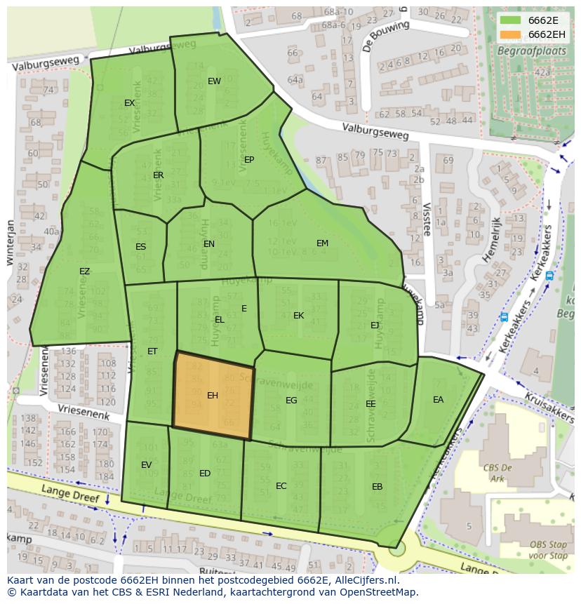 Afbeelding van het postcodegebied 6662 EH op de kaart.