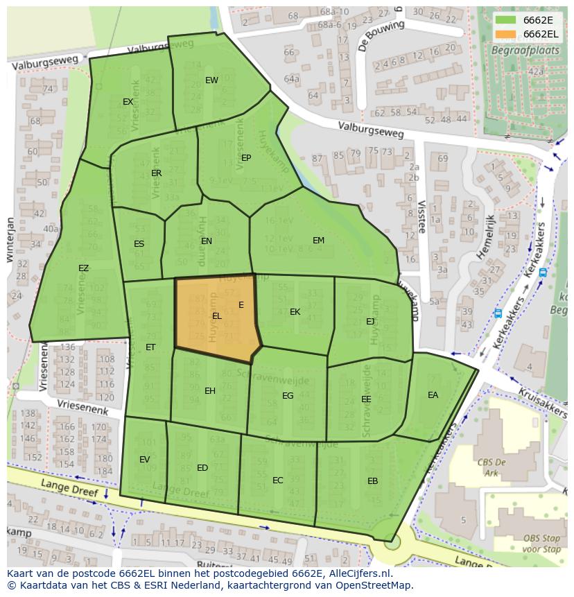 Afbeelding van het postcodegebied 6662 EL op de kaart.