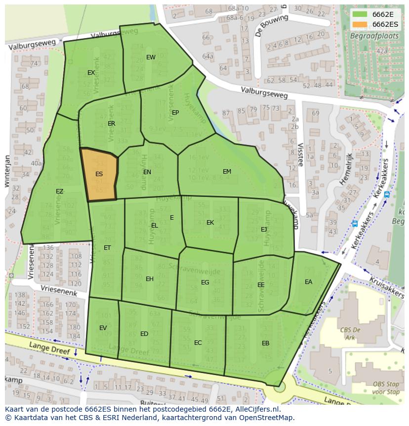 Afbeelding van het postcodegebied 6662 ES op de kaart.