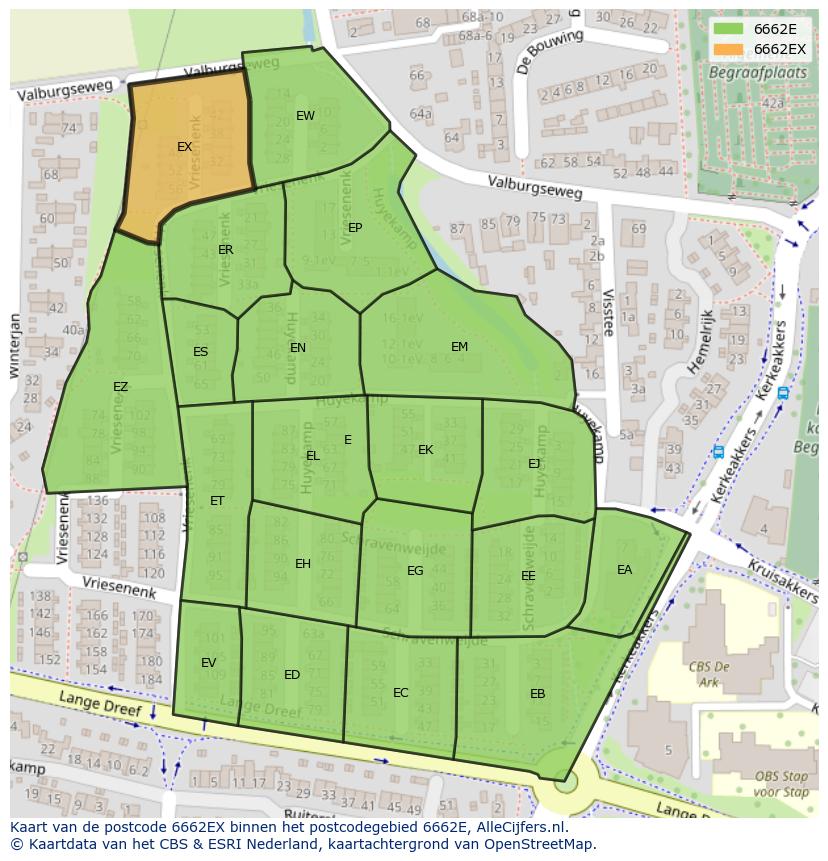Afbeelding van het postcodegebied 6662 EX op de kaart.