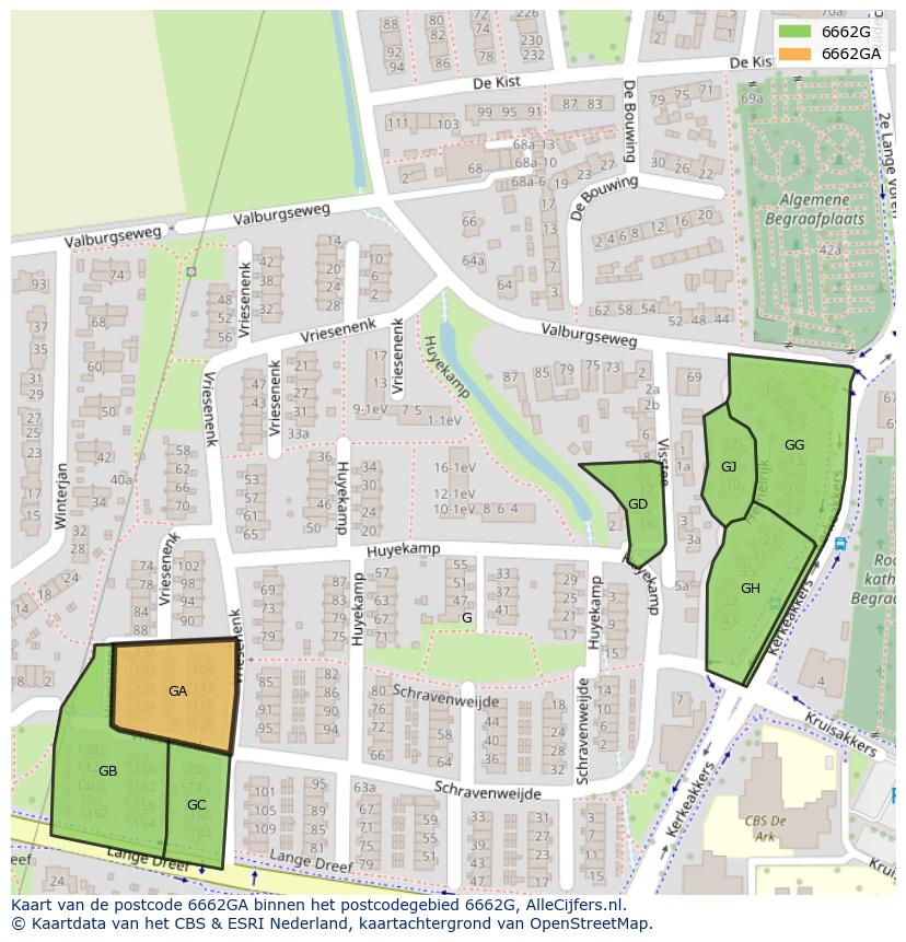 Afbeelding van het postcodegebied 6662 GA op de kaart.