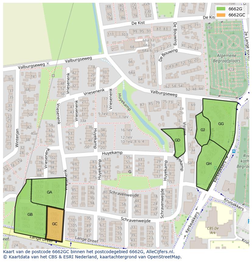 Afbeelding van het postcodegebied 6662 GC op de kaart.