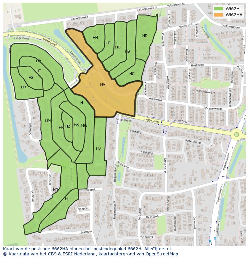 Afbeelding van het postcodegebied 6662 HA op de kaart.