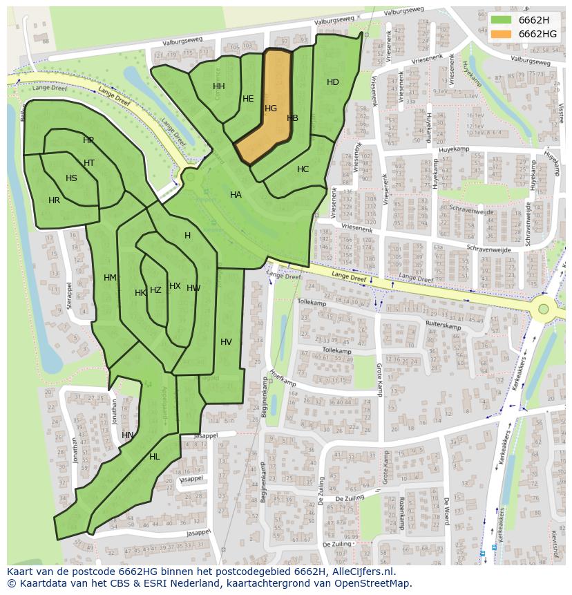 Afbeelding van het postcodegebied 6662 HG op de kaart.