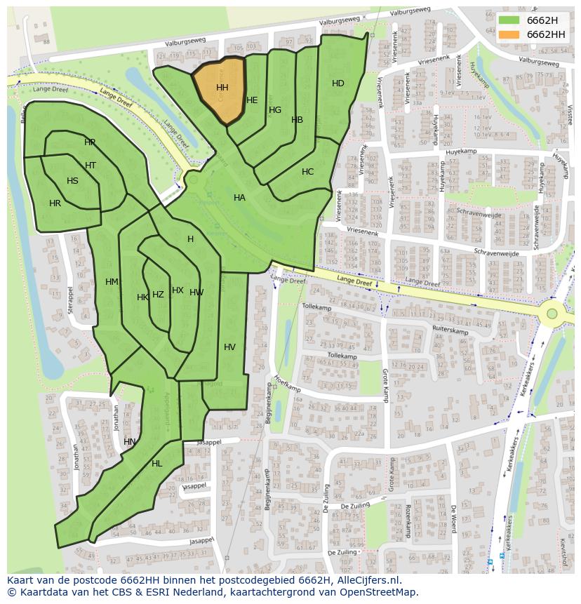 Afbeelding van het postcodegebied 6662 HH op de kaart.