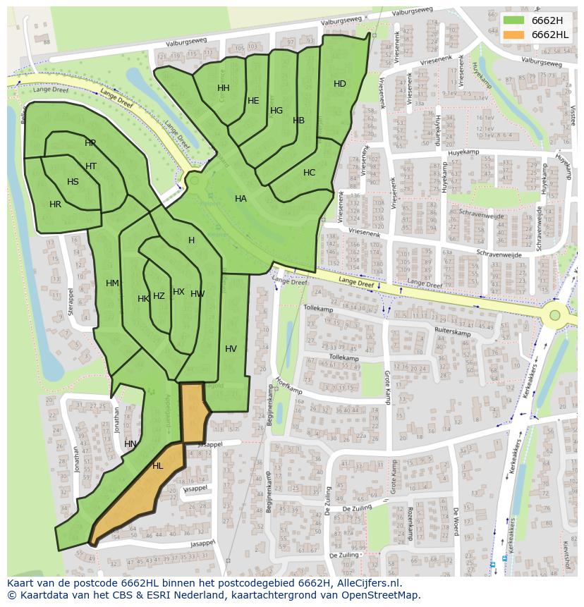 Afbeelding van het postcodegebied 6662 HL op de kaart.