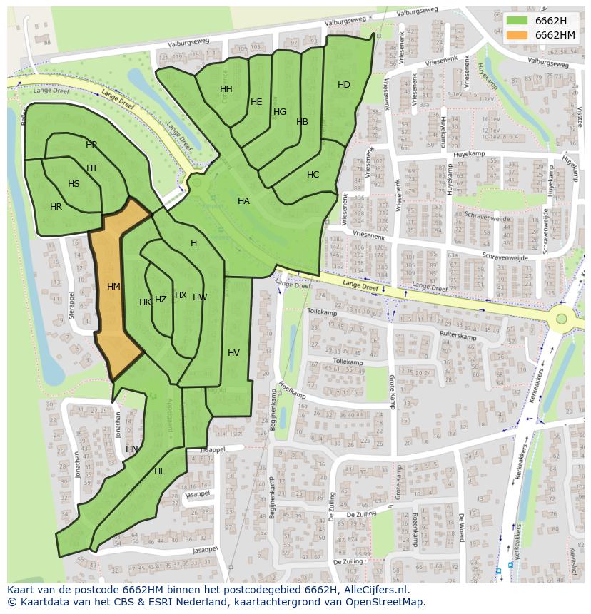 Afbeelding van het postcodegebied 6662 HM op de kaart.