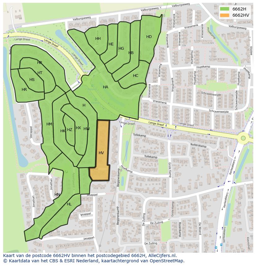 Afbeelding van het postcodegebied 6662 HV op de kaart.
