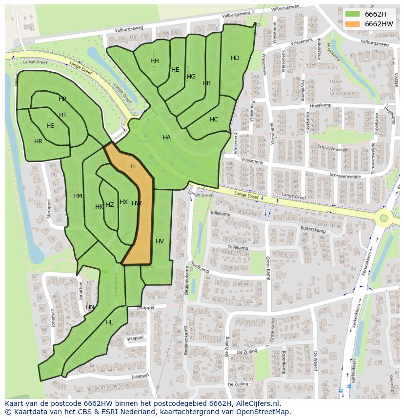 Afbeelding van het postcodegebied 6662 HW op de kaart.