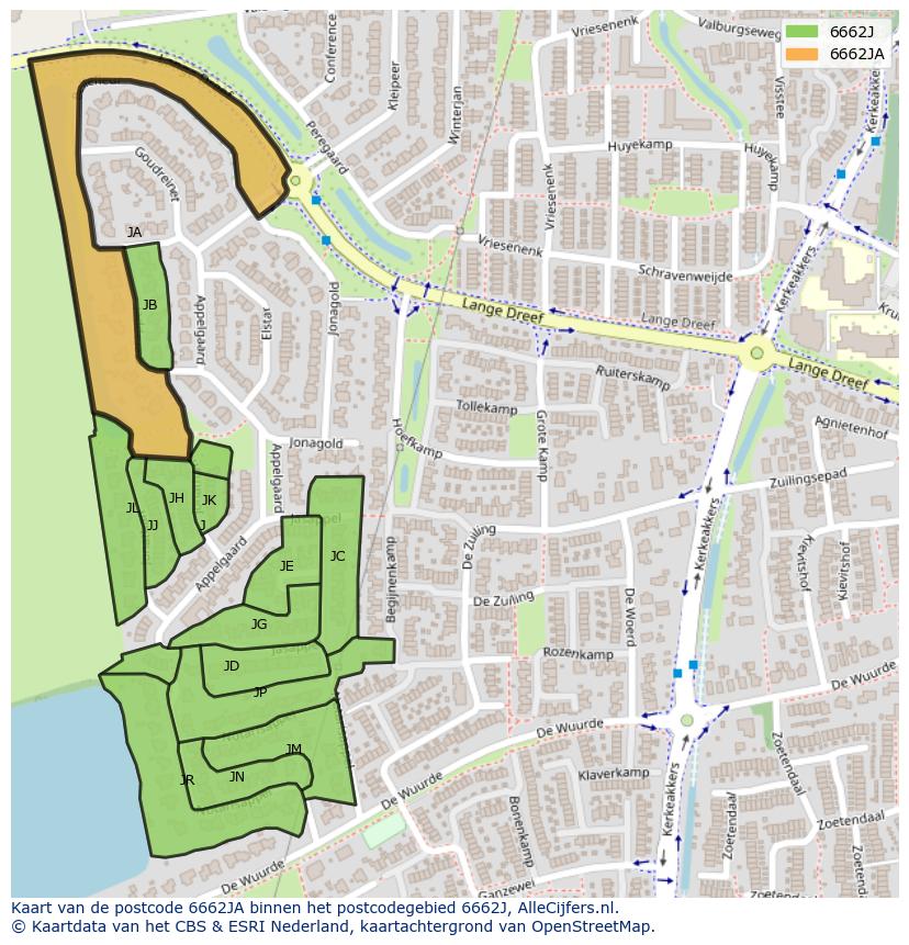Afbeelding van het postcodegebied 6662 JA op de kaart.