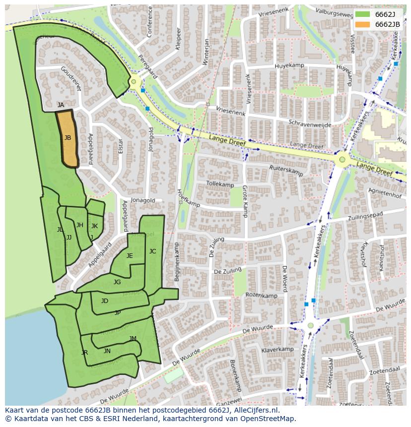 Afbeelding van het postcodegebied 6662 JB op de kaart.