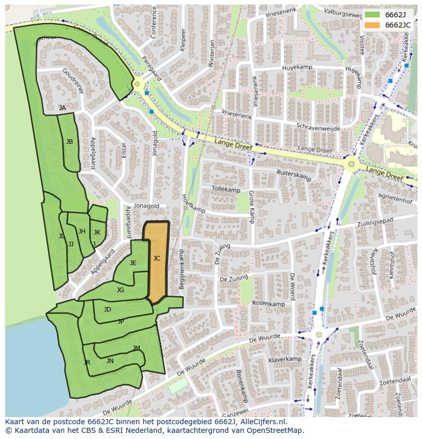 Afbeelding van het postcodegebied 6662 JC op de kaart.