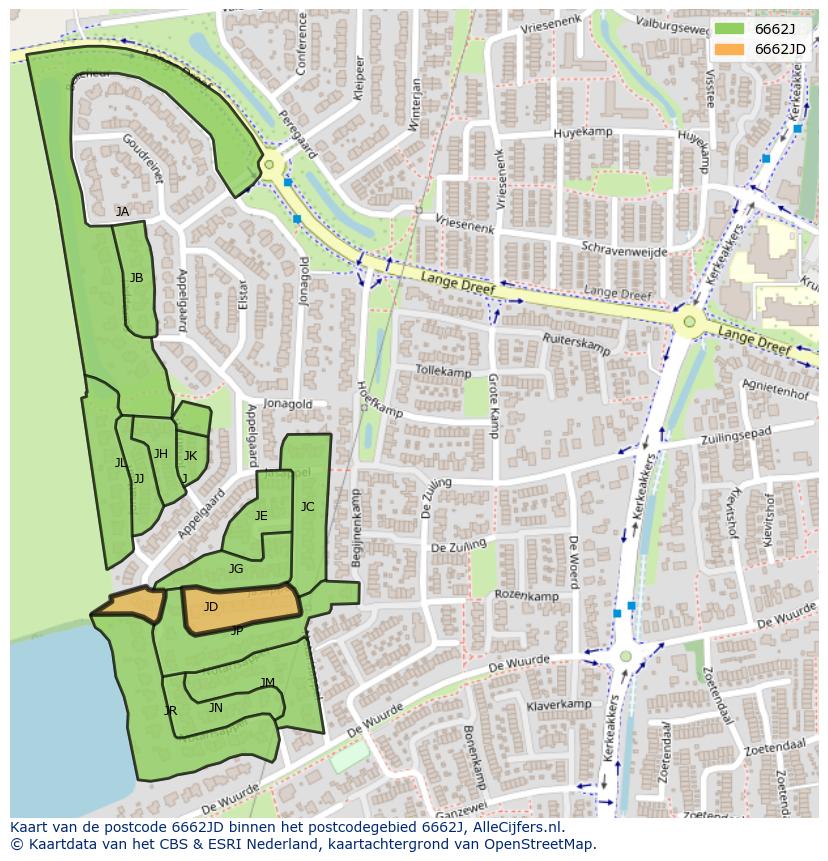 Afbeelding van het postcodegebied 6662 JD op de kaart.