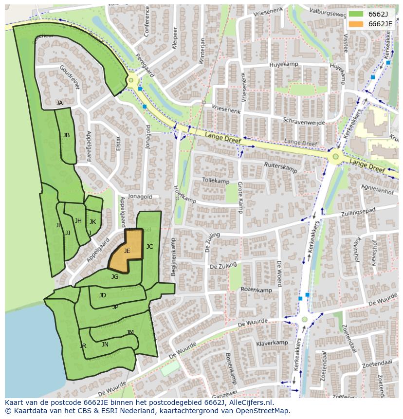 Afbeelding van het postcodegebied 6662 JE op de kaart.