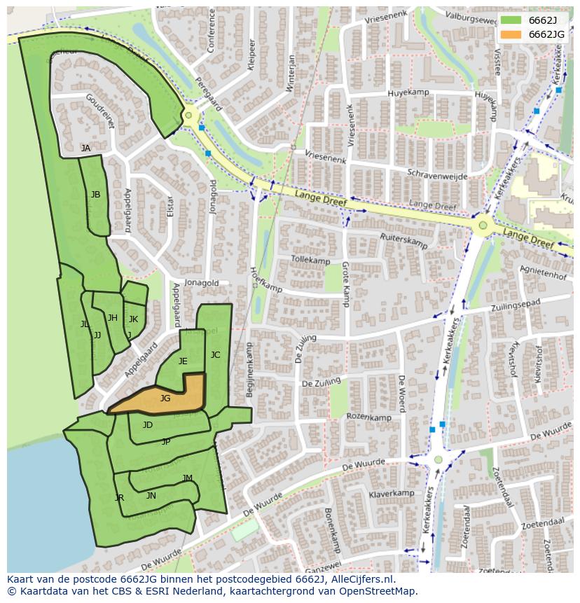 Afbeelding van het postcodegebied 6662 JG op de kaart.