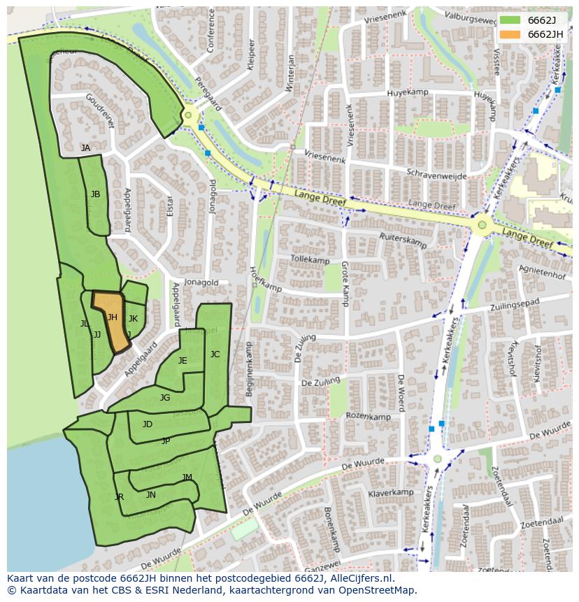 Afbeelding van het postcodegebied 6662 JH op de kaart.