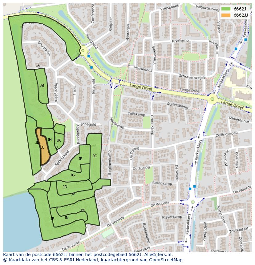 Afbeelding van het postcodegebied 6662 JJ op de kaart.