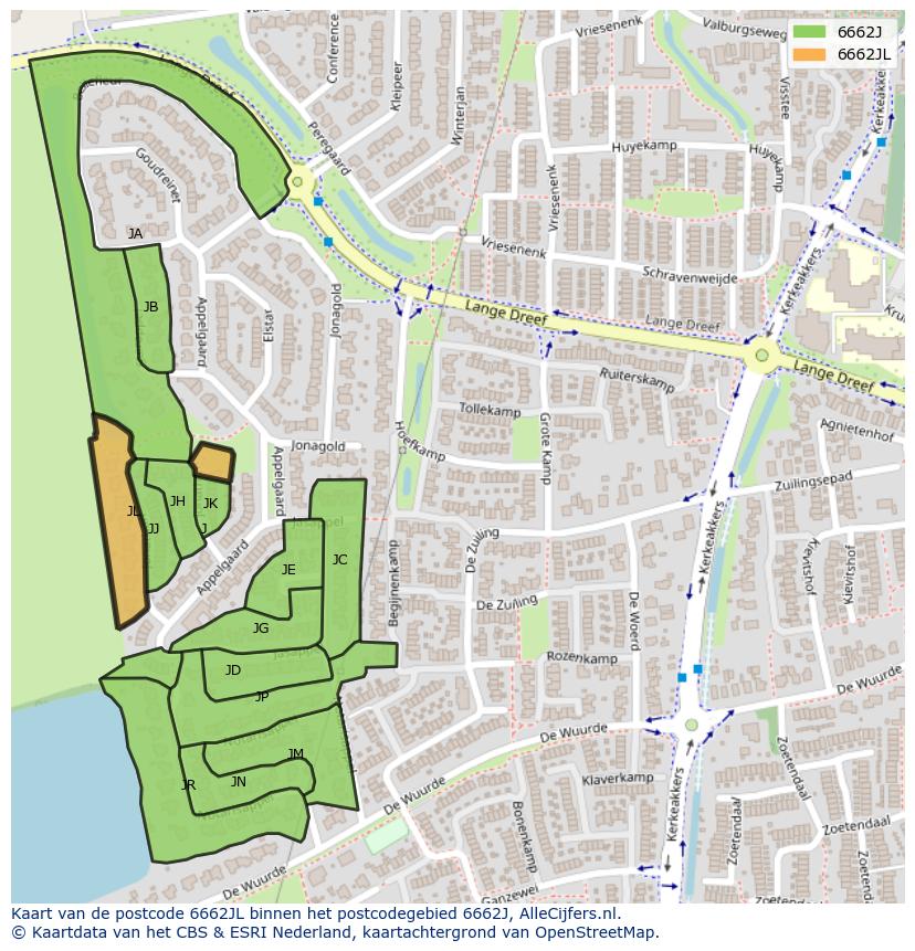 Afbeelding van het postcodegebied 6662 JL op de kaart.