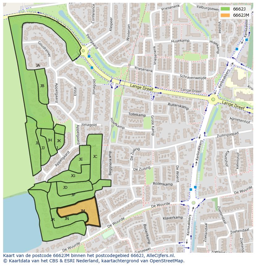 Afbeelding van het postcodegebied 6662 JM op de kaart.