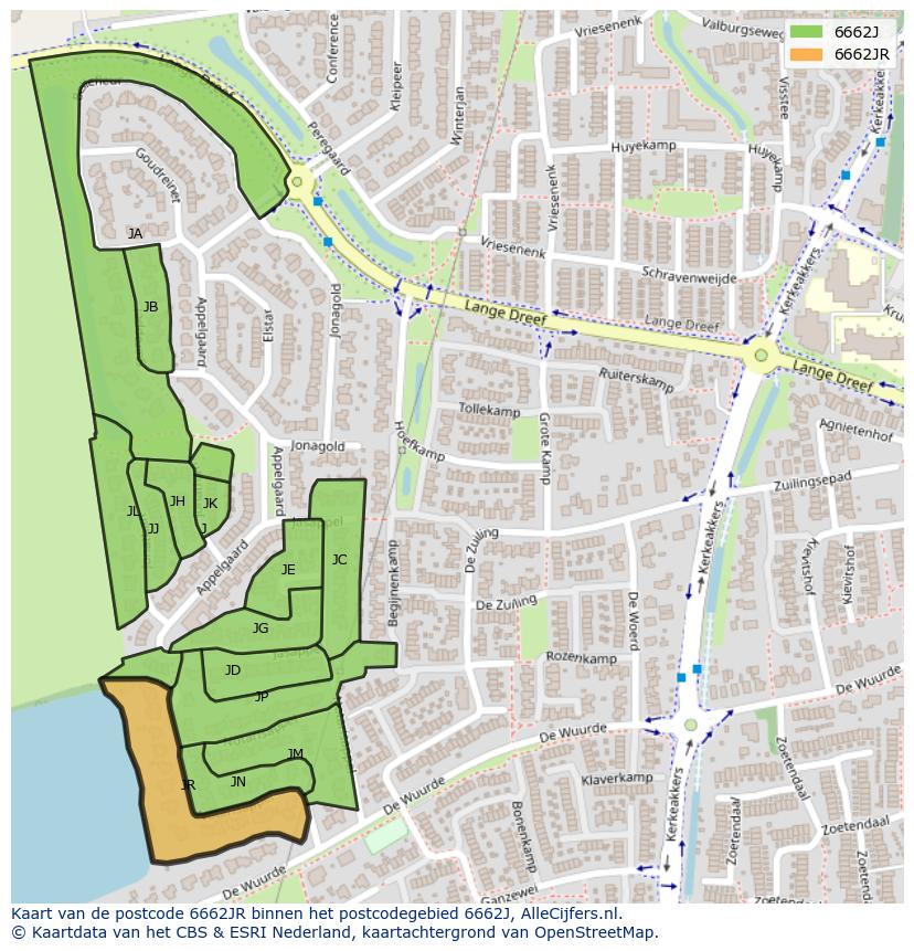 Afbeelding van het postcodegebied 6662 JR op de kaart.