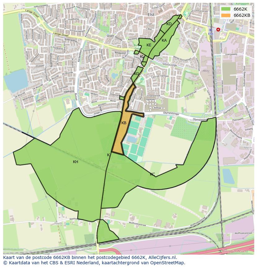 Afbeelding van het postcodegebied 6662 KB op de kaart.