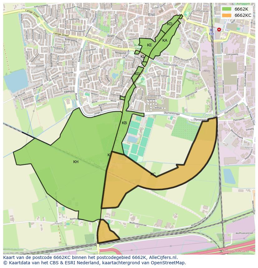 Afbeelding van het postcodegebied 6662 KC op de kaart.