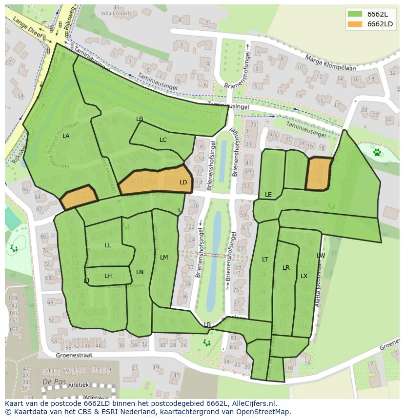 Afbeelding van het postcodegebied 6662 LD op de kaart.