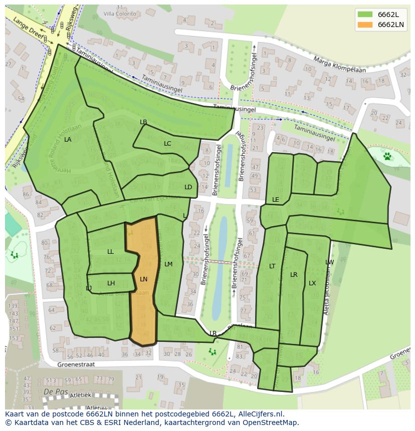 Afbeelding van het postcodegebied 6662 LN op de kaart.