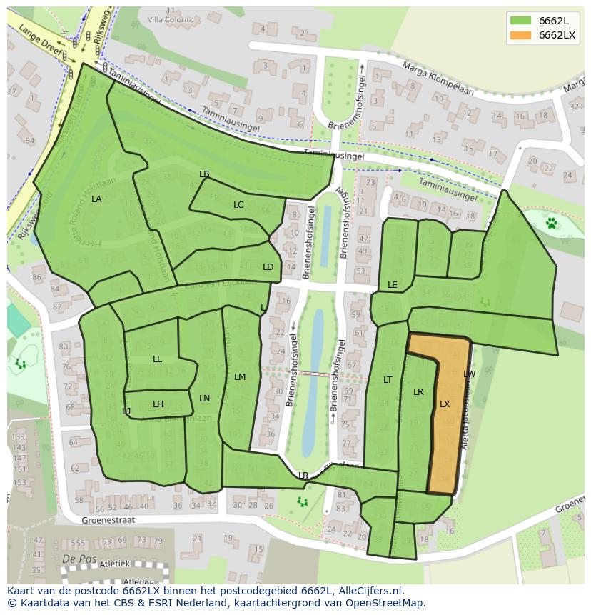 Afbeelding van het postcodegebied 6662 LX op de kaart.
