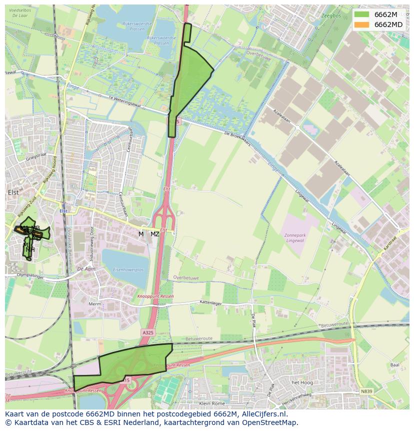 Afbeelding van het postcodegebied 6662 MD op de kaart.