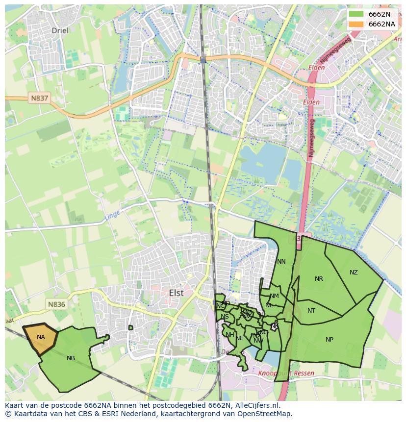 Afbeelding van het postcodegebied 6662 NA op de kaart.