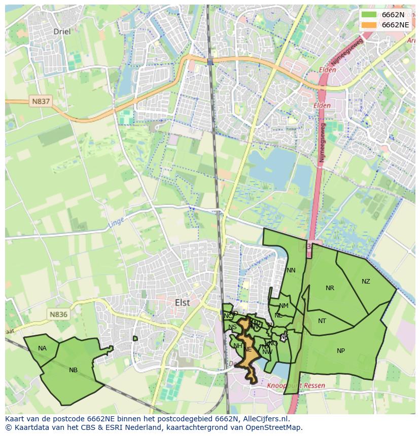Afbeelding van het postcodegebied 6662 NE op de kaart.