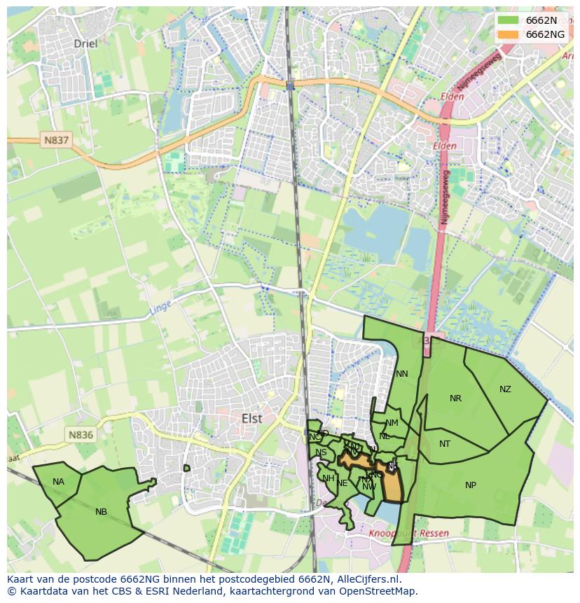 Afbeelding van het postcodegebied 6662 NG op de kaart.