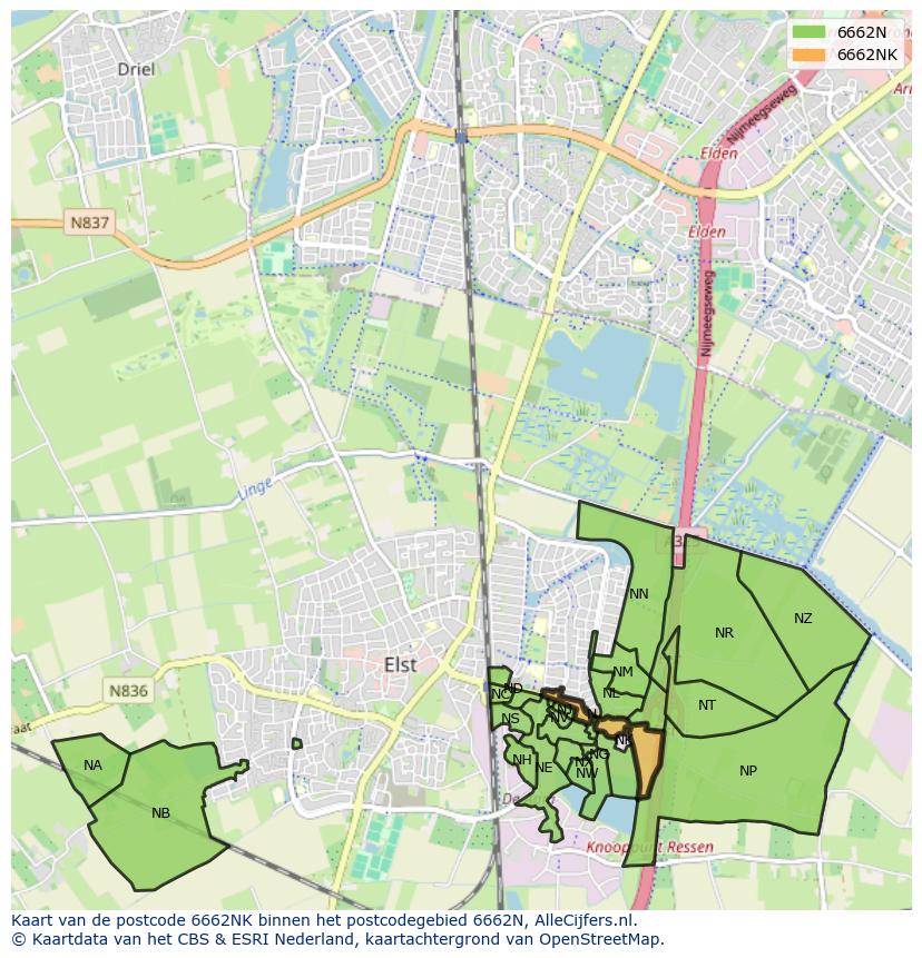 Afbeelding van het postcodegebied 6662 NK op de kaart.