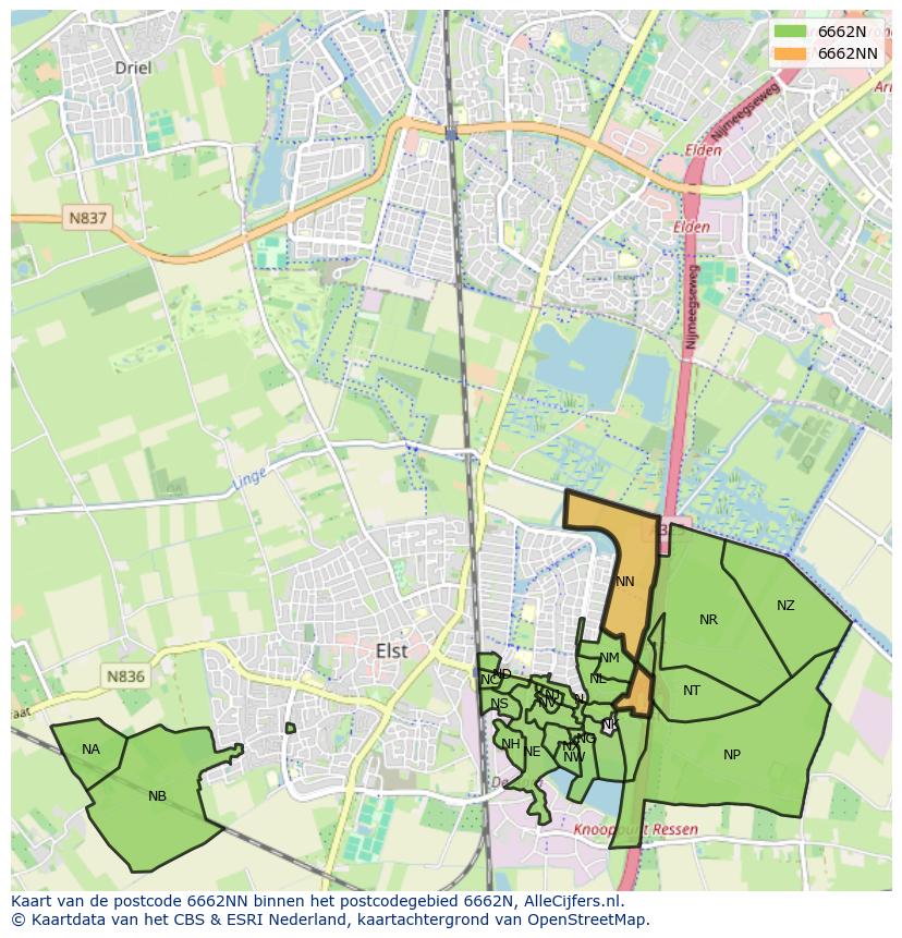 Afbeelding van het postcodegebied 6662 NN op de kaart.