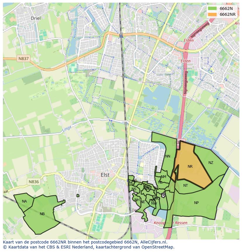 Afbeelding van het postcodegebied 6662 NR op de kaart.