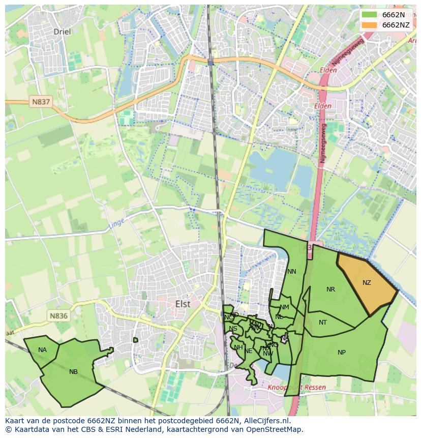 Afbeelding van het postcodegebied 6662 NZ op de kaart.