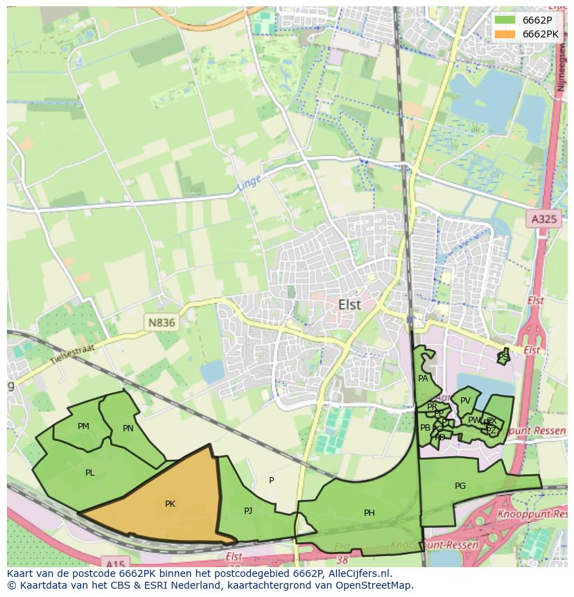 Afbeelding van het postcodegebied 6662 PK op de kaart.
