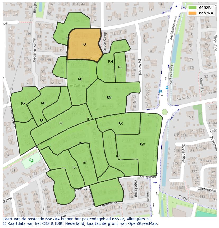 Afbeelding van het postcodegebied 6662 RA op de kaart.