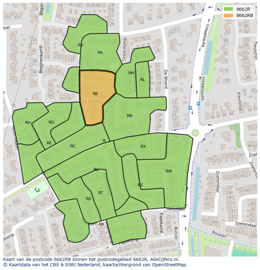 Afbeelding van het postcodegebied 6662 RB op de kaart.