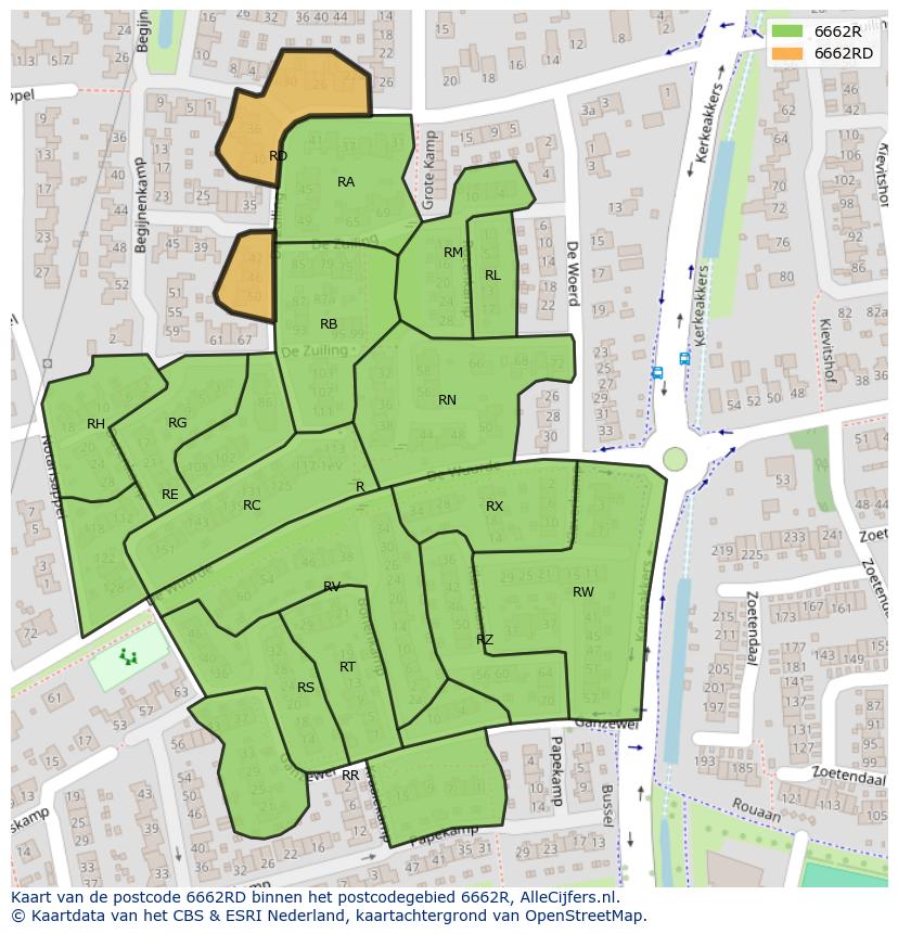 Afbeelding van het postcodegebied 6662 RD op de kaart.