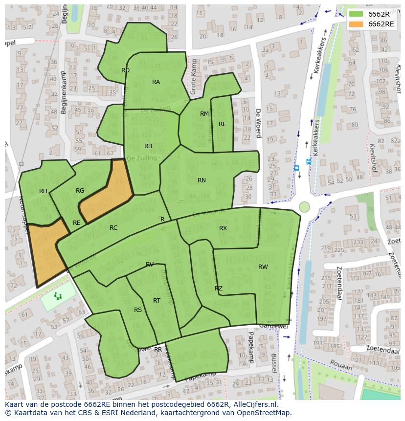 Afbeelding van het postcodegebied 6662 RE op de kaart.