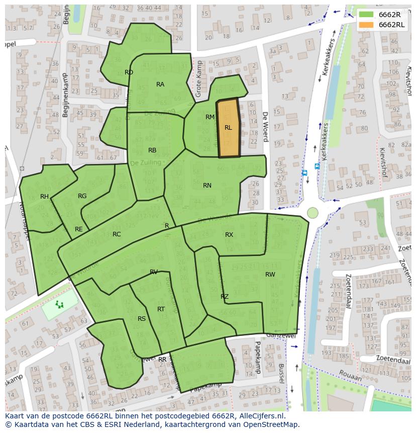 Afbeelding van het postcodegebied 6662 RL op de kaart.