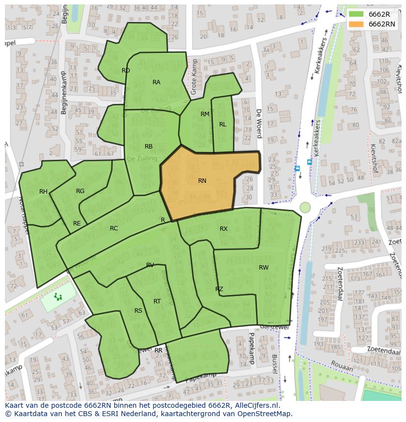 Afbeelding van het postcodegebied 6662 RN op de kaart.