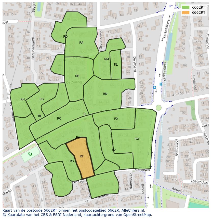 Afbeelding van het postcodegebied 6662 RT op de kaart.