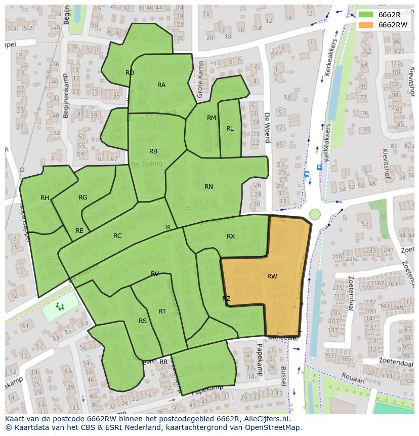 Afbeelding van het postcodegebied 6662 RW op de kaart.