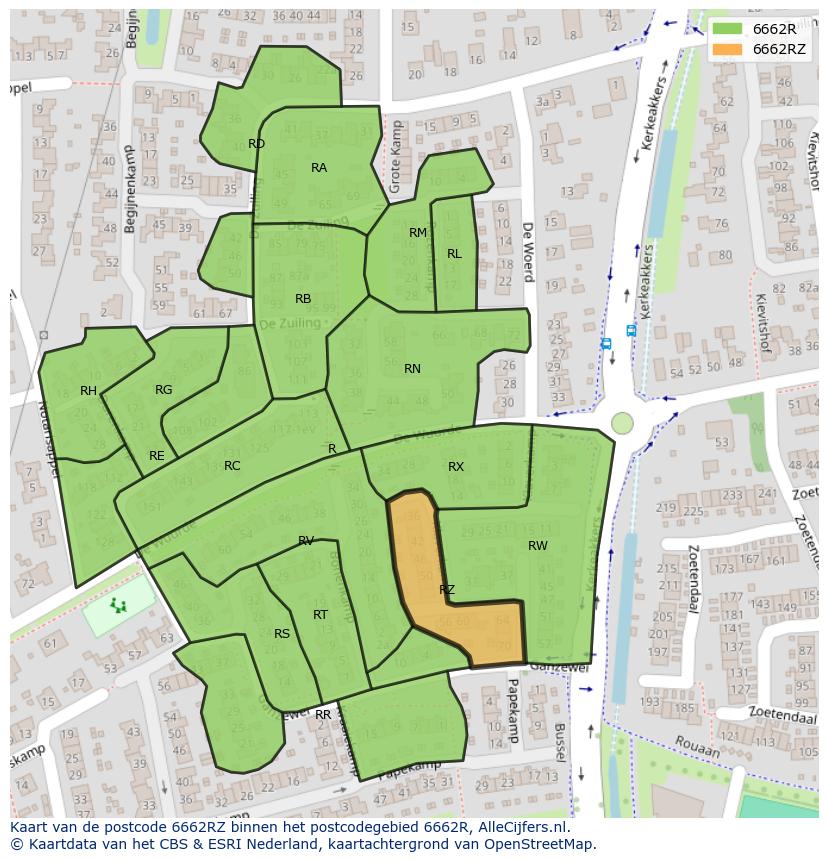 Afbeelding van het postcodegebied 6662 RZ op de kaart.